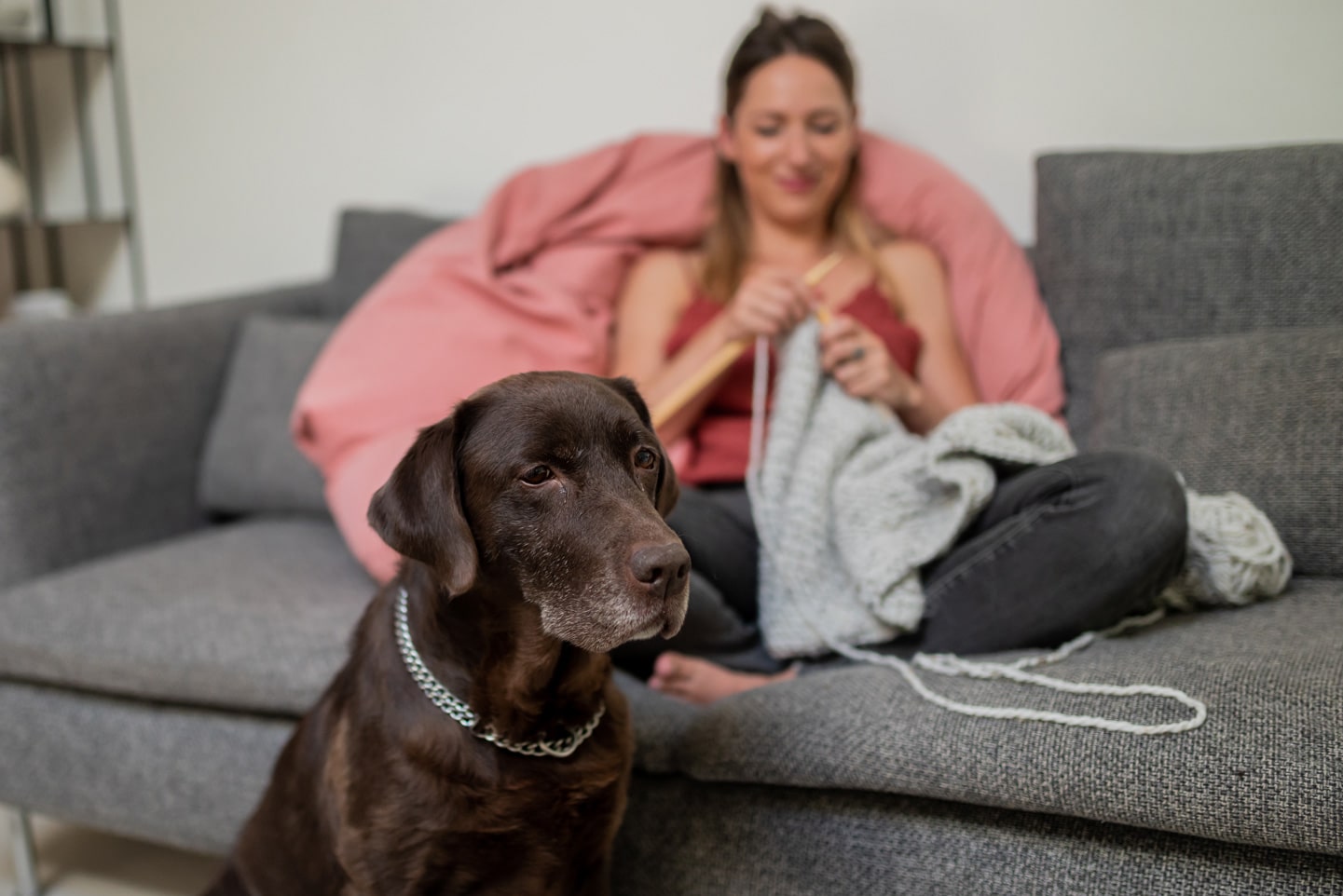 Photo de Carole, fondatrice hello kit, en train de tricoter à la maison avec son chien en premier plan