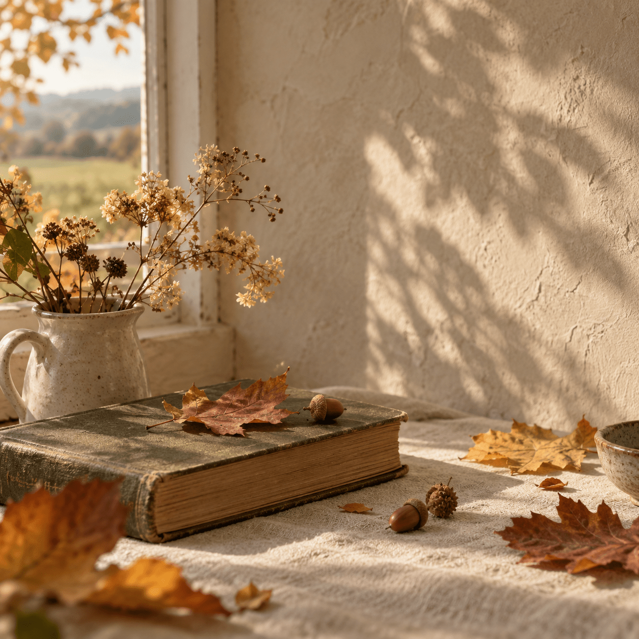 Livre ancien entouré de feuilles d’automne dans une lumière douce, ambiance de la box DIY d’octobre Hello Kit