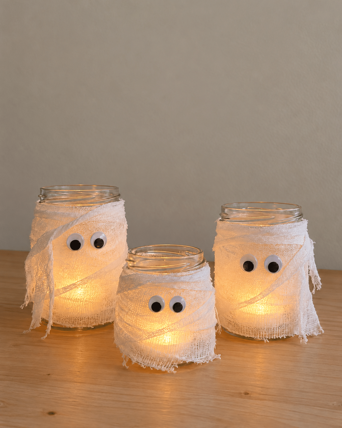 Trois photophores fantômes éclairés par des bougies LED sur une table en bois.
