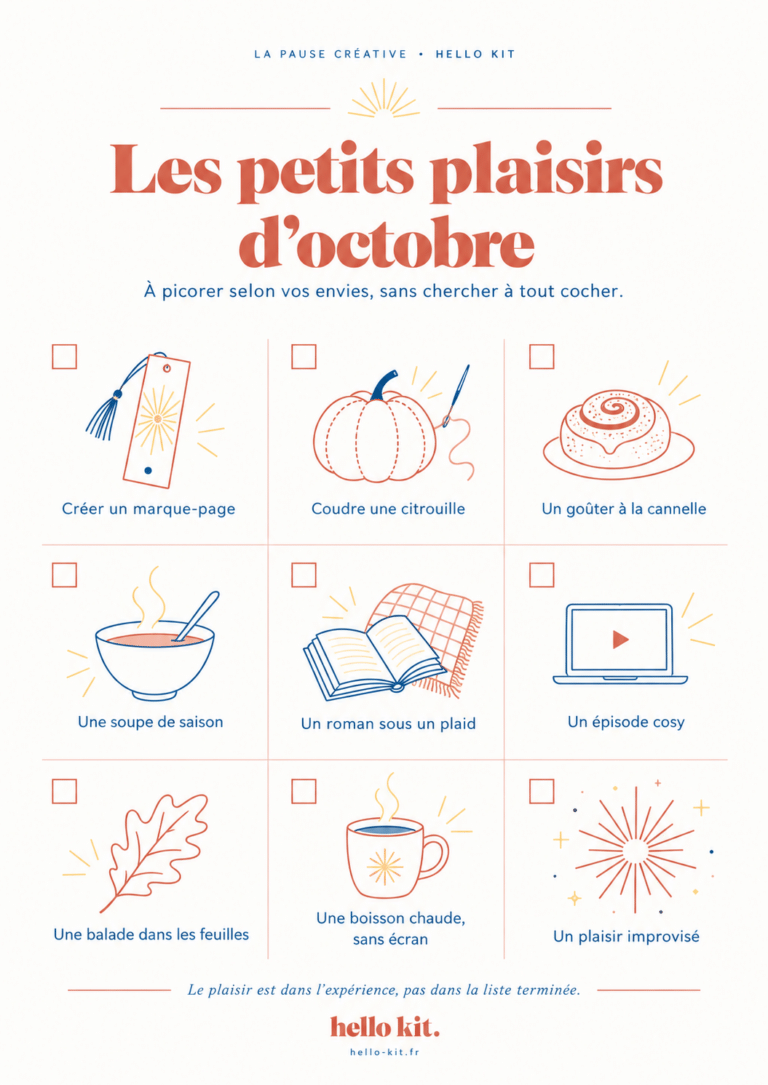 Carte à imprimer Hello Kit : neuf petits plaisirs d’octobre à cocher, entre créations, cuisine et pauses cosy.